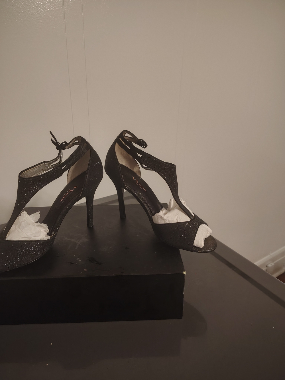Nina Black Glitter T-Strap High Heels with Ankle Tie